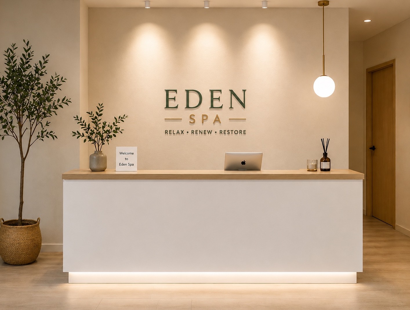 Eden Spa's serene, naturally lit welcome area with olive trees and warm wood